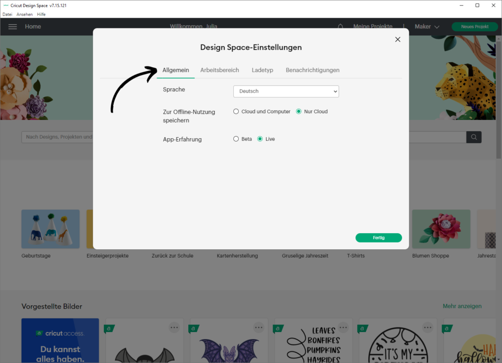 Allgemeine Einstellungen im Cricut Design Space