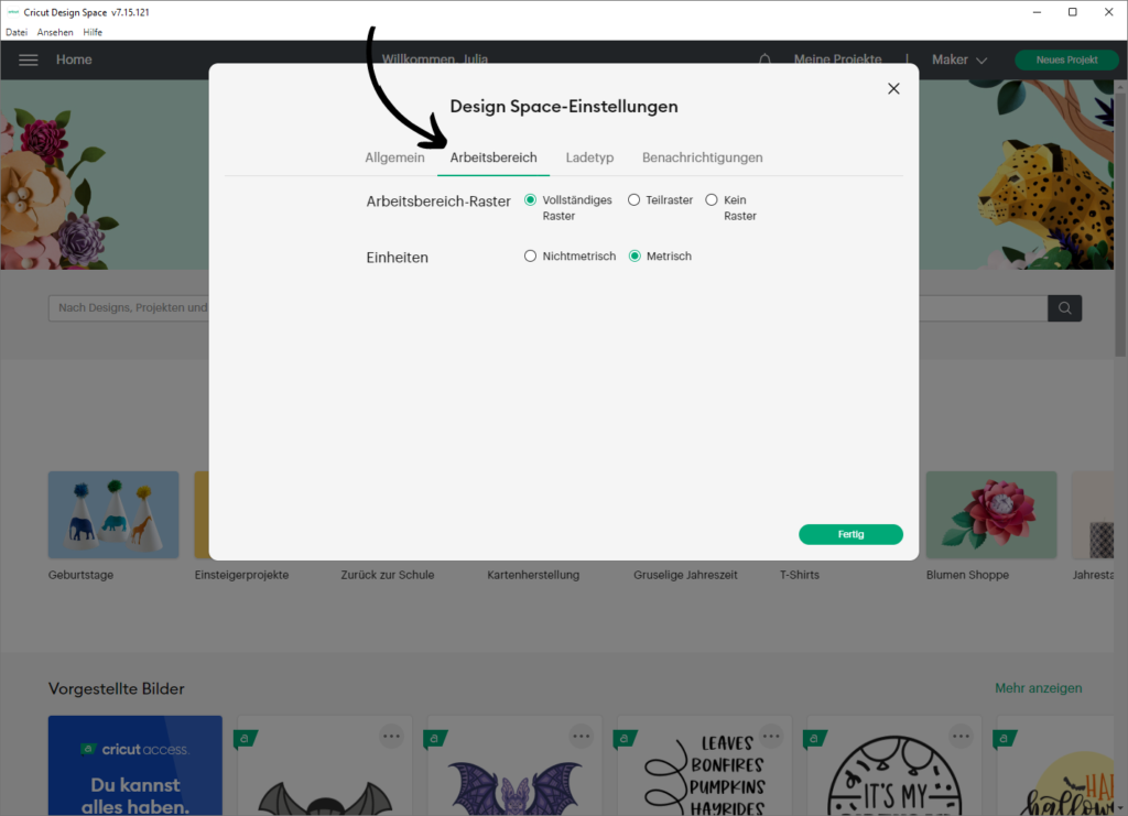 Arbeitsbereich-Einstellungen im Cricut Design Space