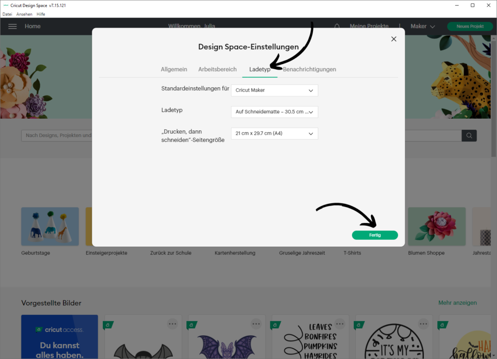 Ladetyp-Einstellungen im Cricut Design Space